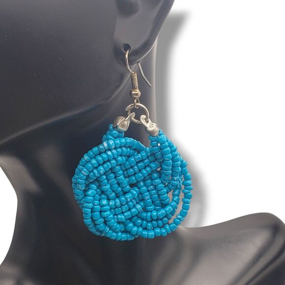 Turquoise Blue Color Seed Bead Round Knot Silver Tone Hook Earrings - Picture 1 of 5